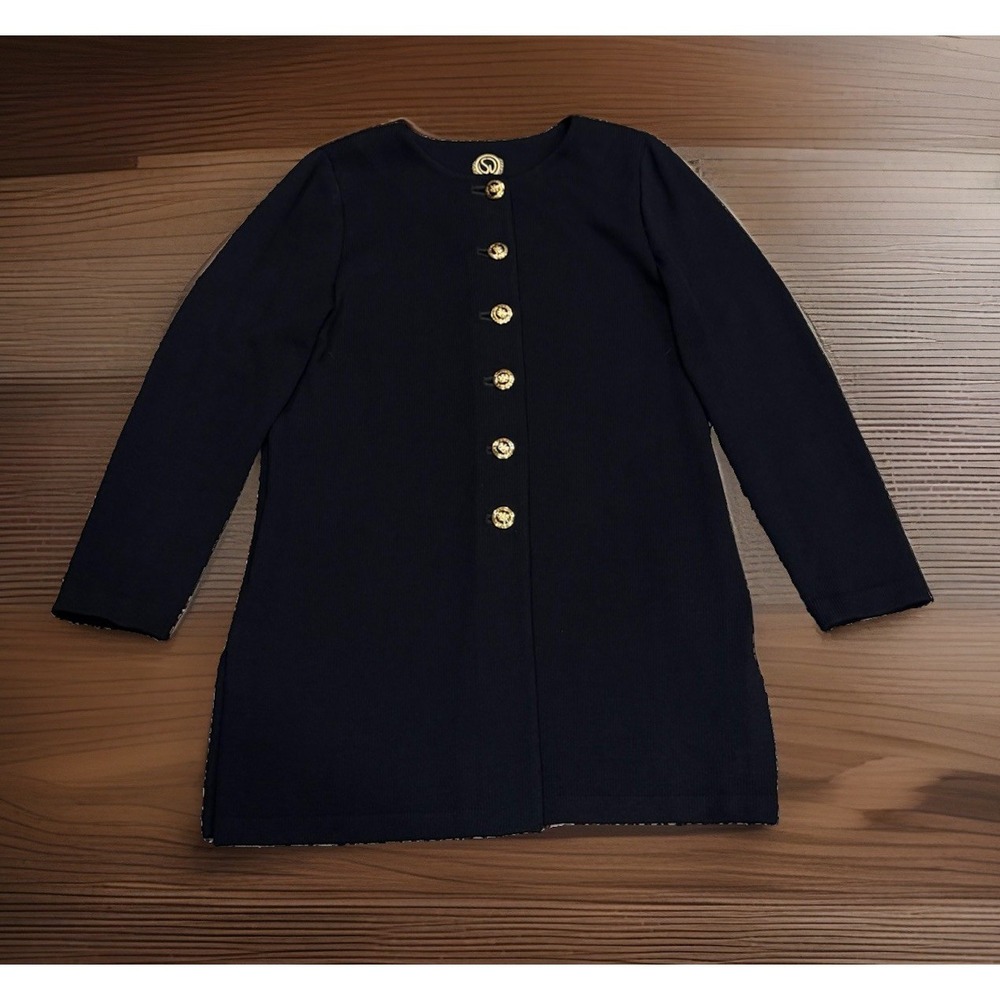 St John Basics Black Santana Knit Longline Cardigan LARGE Gold Crest Buttons